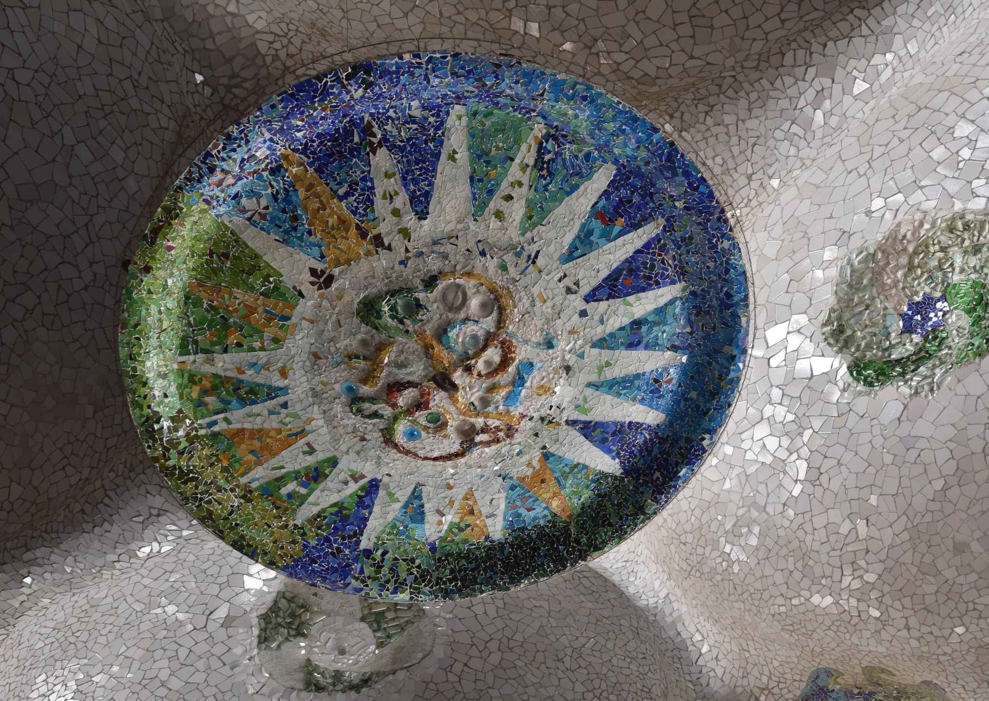 Tile ceiling detail of marketplace at Parque Güell