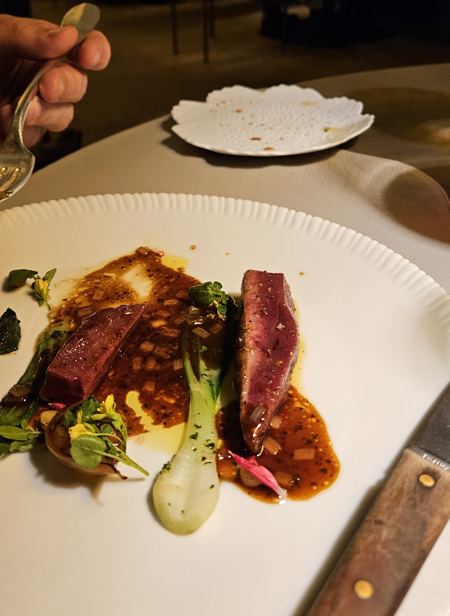 Duck breast with rich broth and baby bok choy