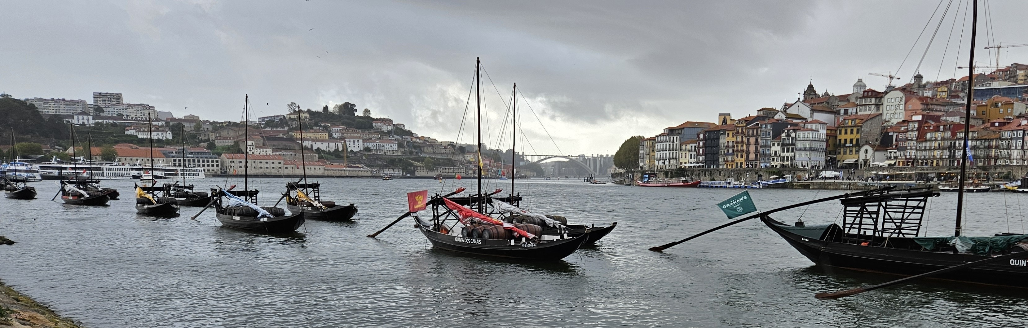Boats moored alongside the south side of the Douro River