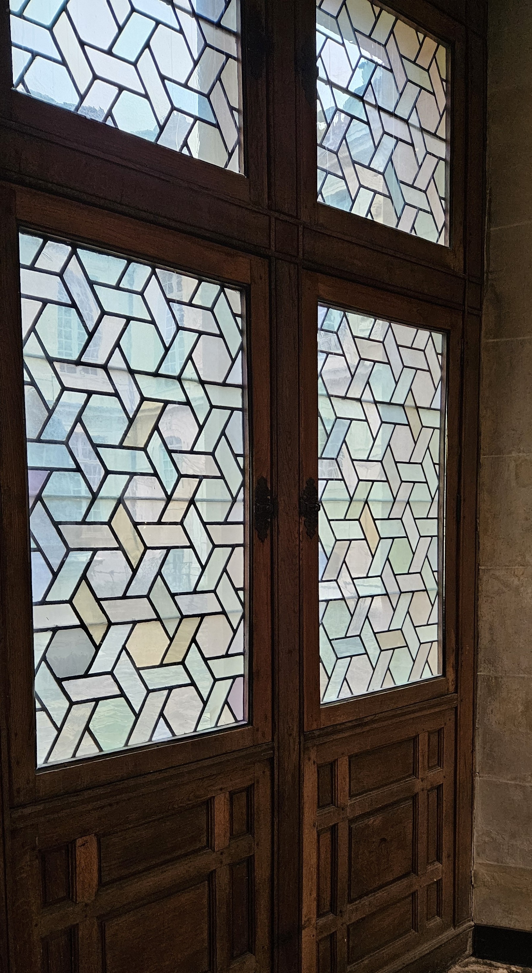 Door with colored glass in geometric pattern